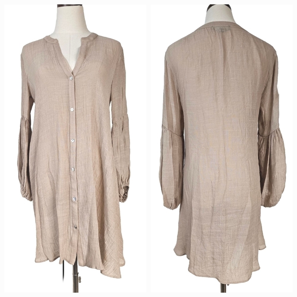 Aakaa Anthropologie Boho Peasant Summer Tan Balloon Sleeve Mini Dress Size Small